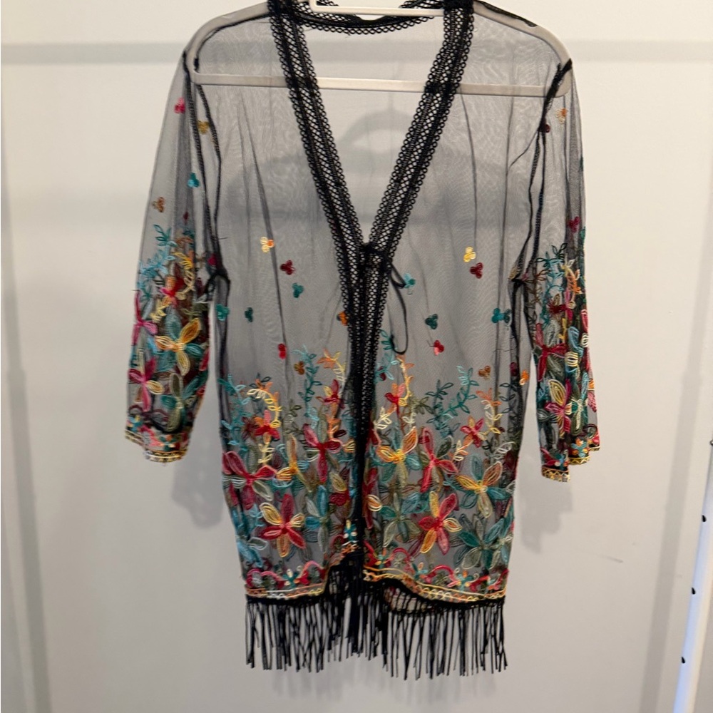 Embroidered Floral Swim Coverup with Fringe